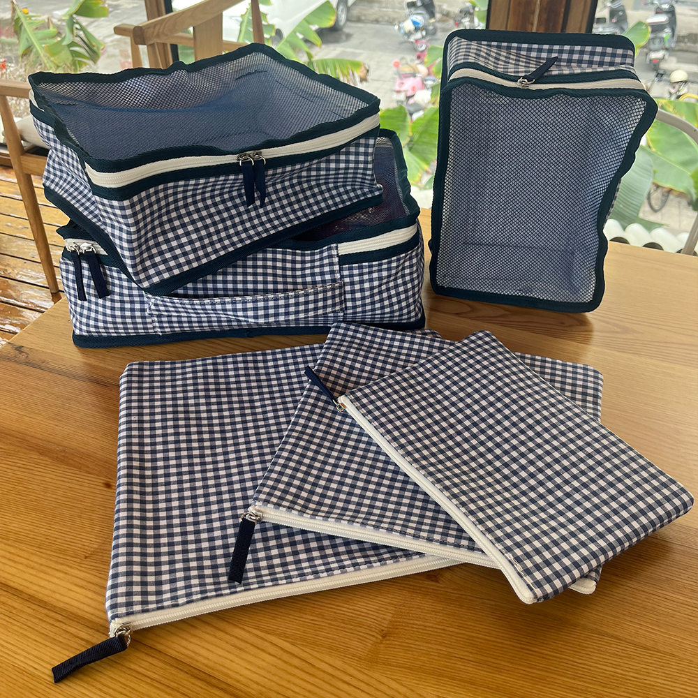 5Pcs Free Shipping 6in1 Gingham Stacking Set Packing Cube Set Blue Storage Organizer Bags Travel Overnight Luggage Bag