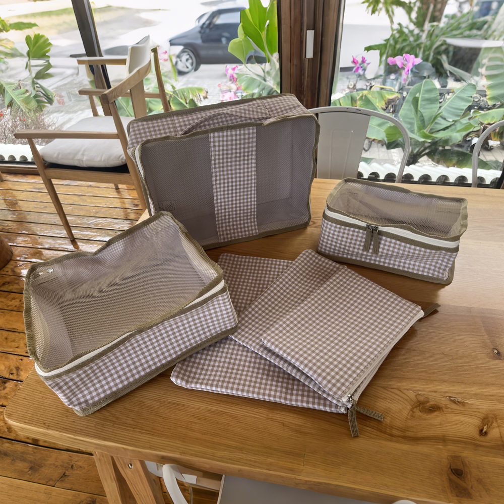 5Pcs Free Shipping 6in1 Gingham Stacking Set Packing Cube Set Khaki Storage Organizer Bags Travel Overnight Luggage Bag