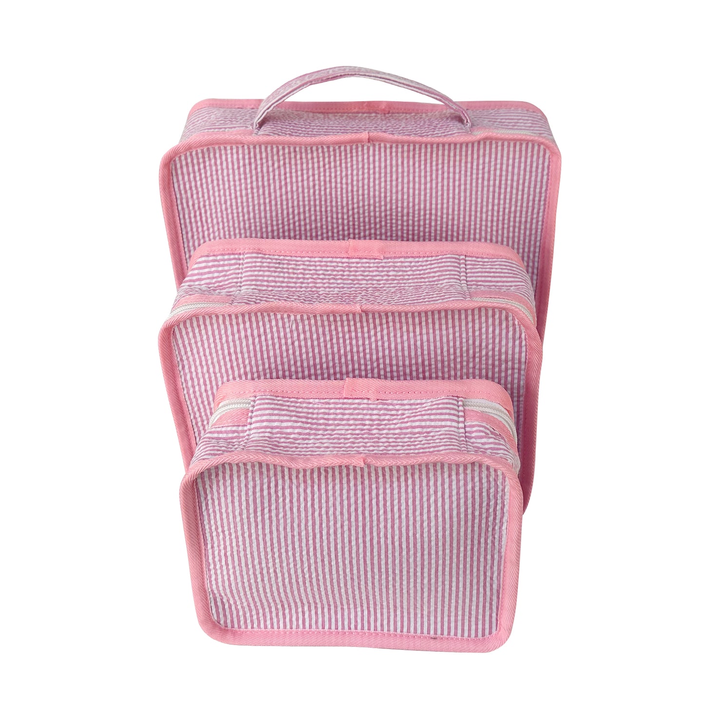 10Pcs Free Shipping 3in1 Seersucker Stacking Set Packing Cube Set Pink Striped Storage Organizer Bags Travel Overnight Luggage Bag