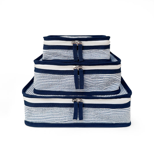 10Pcs Free Shipping 3in1 Seersucker Stacking Set Packing Cube Set Navy Striped Storage Organizer Bags Travel Overnight Luggage Bag