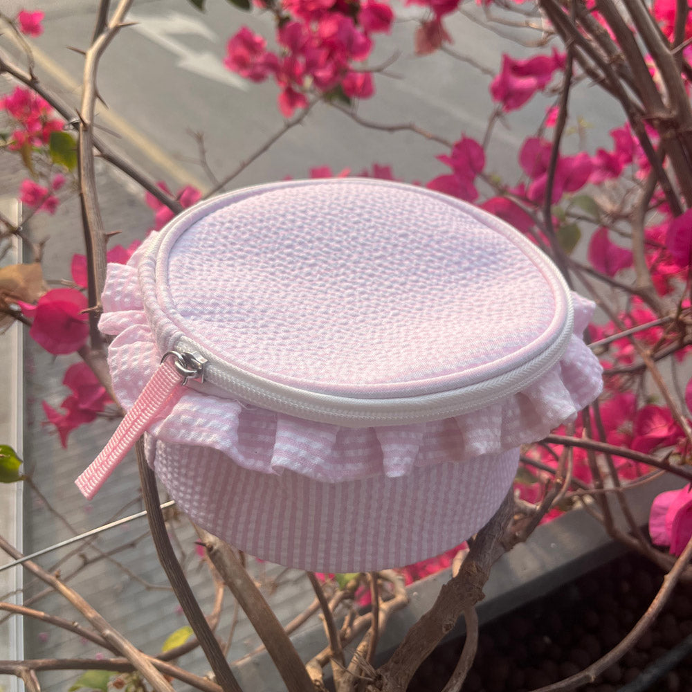 20Pcs Round Button Seersucker Jewelry Bag Baby Pink Ruffle Seersucker Cosmetic Bag