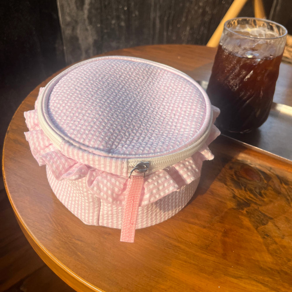 20Pcs Round Button Seersucker Jewelry Bag Baby Pink Ruffle Seersucker Cosmetic Bag
