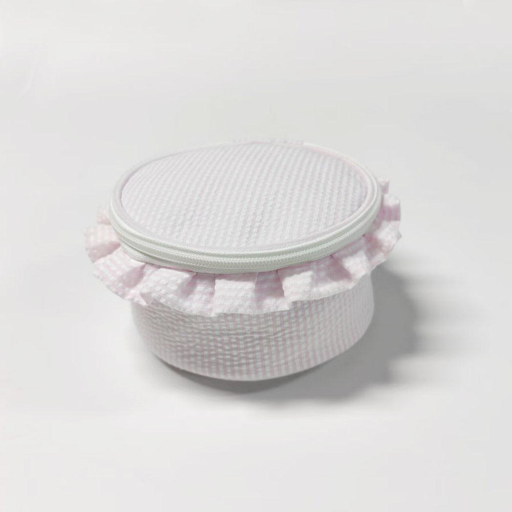 20Pcs Round Button Seersucker Jewelry Bag Baby Pink Ruffle Seersucker Cosmetic Bag