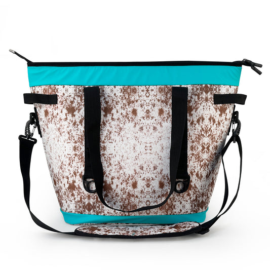 1Pc Outdoors Food Cooler Shoulder Bags Blue Insulated Travel Cow Print Wide Cooler Bag