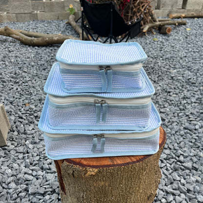 10Pcs Free Shipping 3in1 Seersucker Stacking Set Packing Cube Set Baby Blue Striped Storage Organizer Bags Travel Overnight Luggage Bag