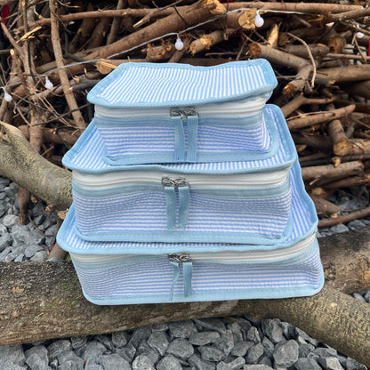 10Pcs Free Shipping 3in1 Seersucker Stacking Set Packing Cube Set Baby Blue Striped Storage Organizer Bags Travel Overnight Luggage Bag