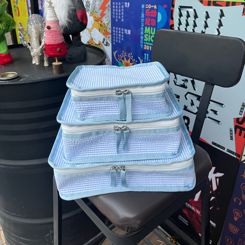10Pcs Free Shipping 3in1 Seersucker Stacking Set Packing Cube Set Baby Blue Striped Storage Organizer Bags Travel Overnight Luggage Bag