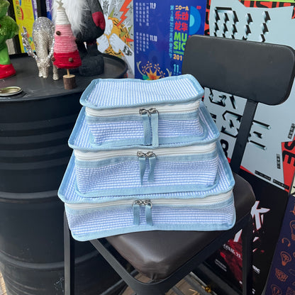 10Pcs Free Shipping 3in1 Seersucker Stacking Set Packing Cube Set Baby Blue Striped Storage Organizer Bags Travel Overnight Luggage Bag