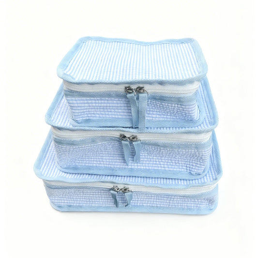 10Pcs Free Shipping 3in1 Seersucker Stacking Set Packing Cube Set Baby Blue Striped Storage Organizer Bags Travel Overnight Luggage Bag