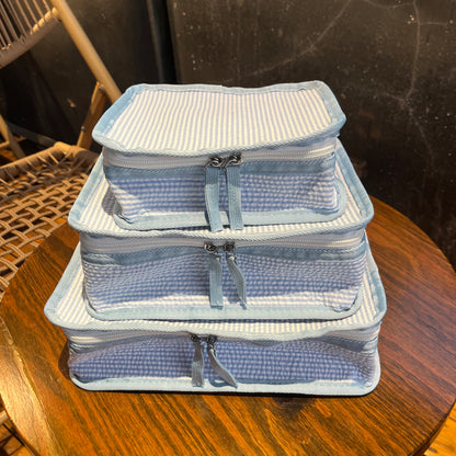 10Pcs Free Shipping 3in1 Seersucker Stacking Set Packing Cube Set Baby Blue Striped Storage Organizer Bags Travel Overnight Luggage Bag