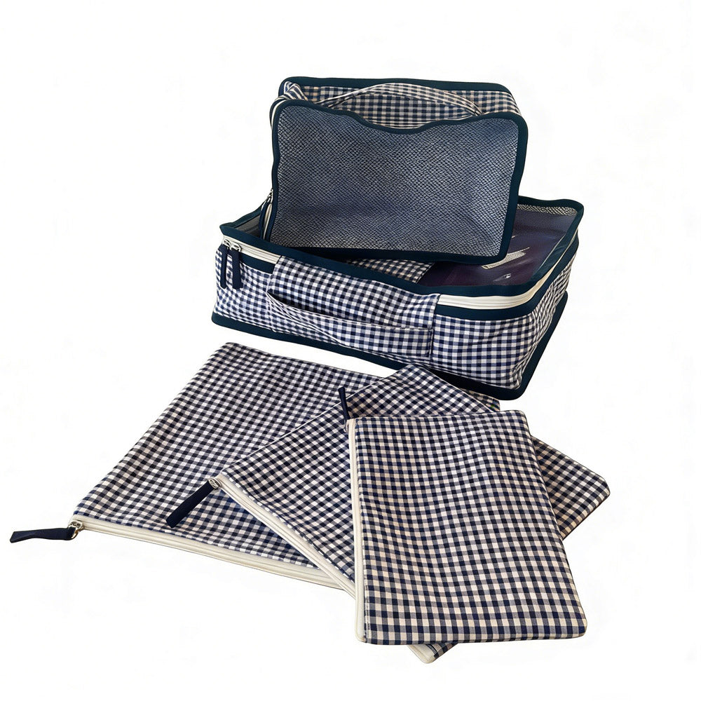 5Pcs Free Shipping 6in1 Gingham Stacking Set Packing Cube Set Blue Storage Organizer Bags Travel Overnight Luggage Bag