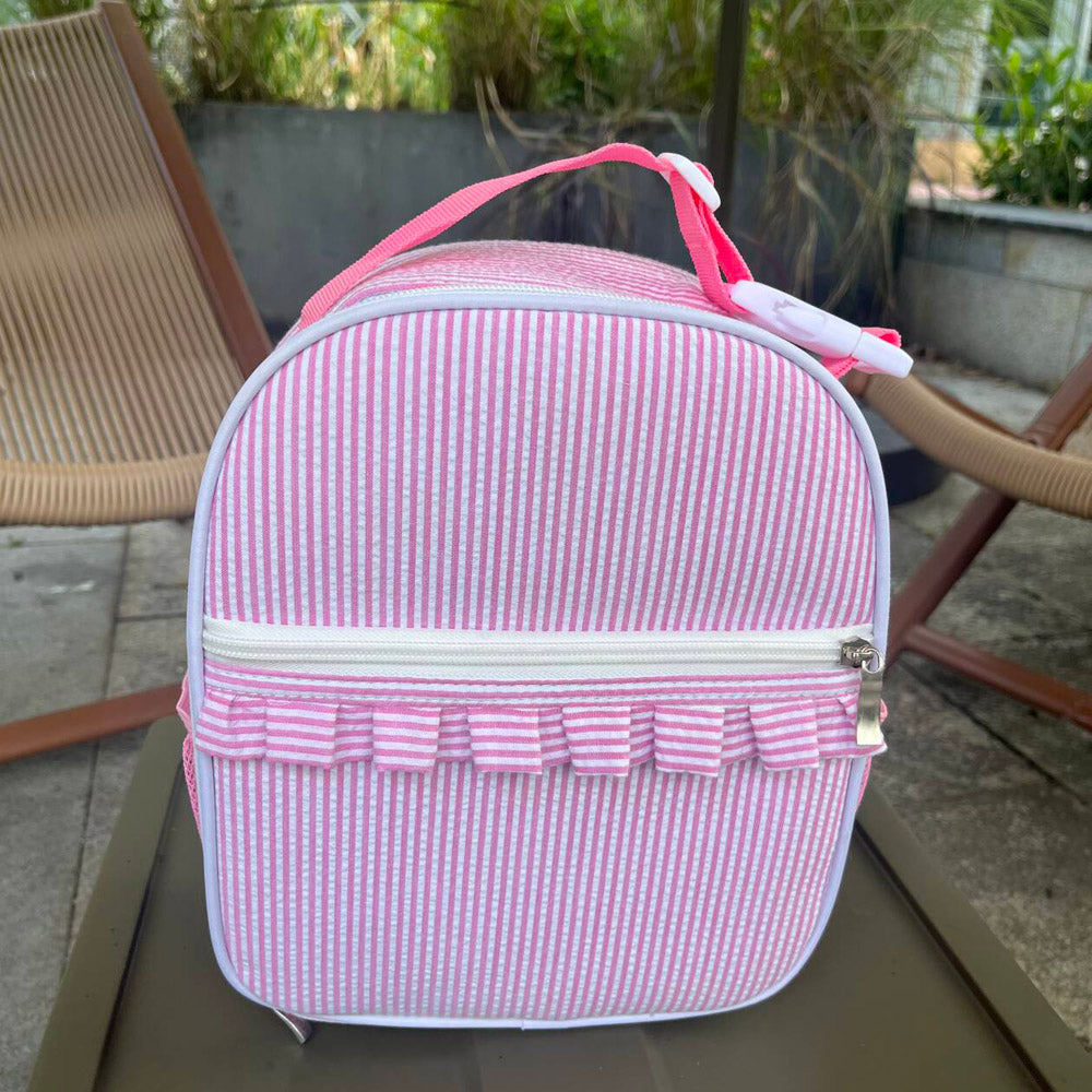 25Pcs Ruffle Pink Seersucker Lunch Box With Front Pocket Striped Food Bag for Daily Use Cooler Bag