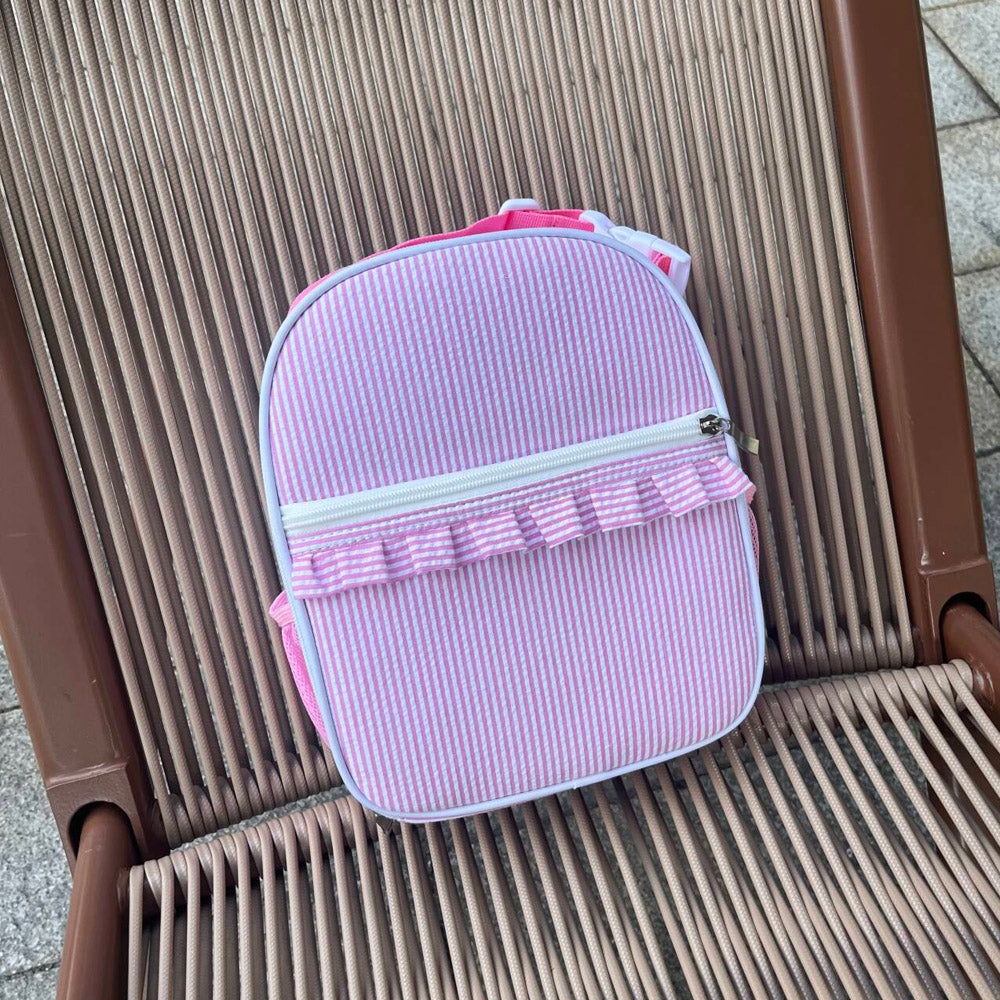 25Pcs Ruffle Pink Seersucker Lunch Box With Front Pocket Striped Food Bag for Daily Use Cooler Bag